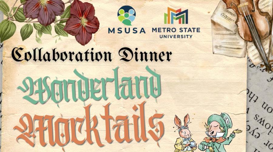 An illustration looking like a parchment with calligraphy: Collaboration Dinner—Wonderland Cocktails, surrounded by decorative flowers and instruments, and a cartoon Mad Happer talking to a cartoon rabbit