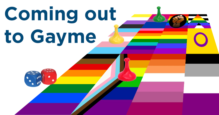 a game board made of multiple pride flag designs with plying pieces and dice next to Coming Out to Game