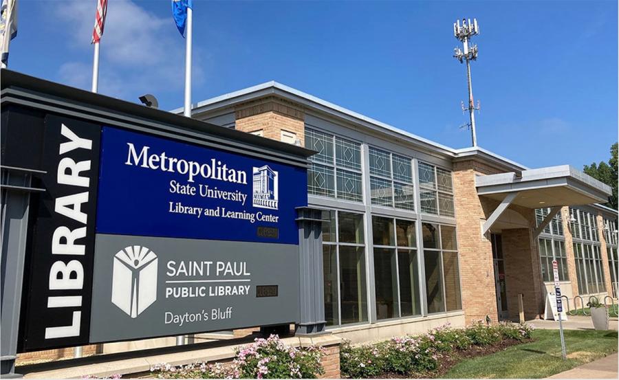 a view of the Library and Learning Center, with the co-branded sign for the Library and Learning Center and the Dayton's Bluff Branch of the Saint Paul Public Library
