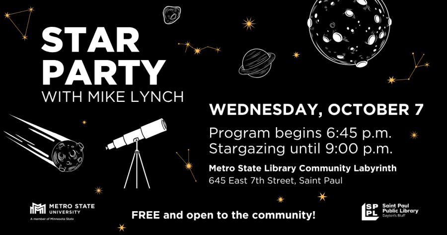 illustration of constellations, asteroids, and planets, with the Metro State and Saint Paul Public Library logos: Star Party with Mike Lynch, Wednesday, October 7