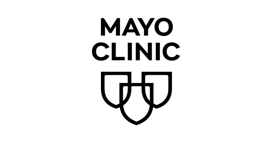Mayo Clinic in black text on white, above three outlines of shields interlocking