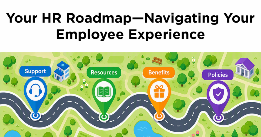 Your HR Roadmap—Navigating Your Employee Experience, above a cartoon map with "support," "resources," "benefits," "and "policies" marked as points on it