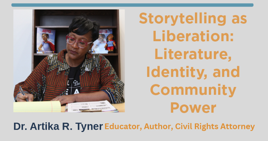 A woman signing books, next to Storytelling as Liberation: Literature, Identity, and Community Power, Dr. Artika Tyner, Educator, Author, Civil Rights Attorney