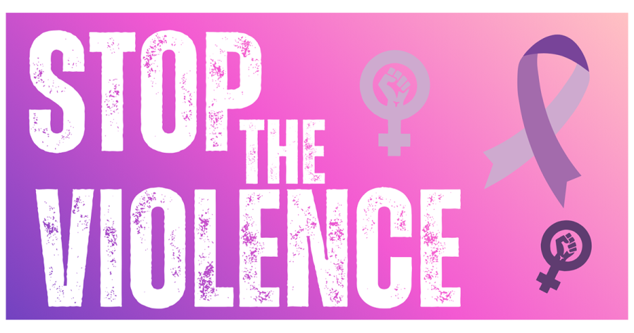 stop the violence with a purple ribbon and two purple solidarity fists