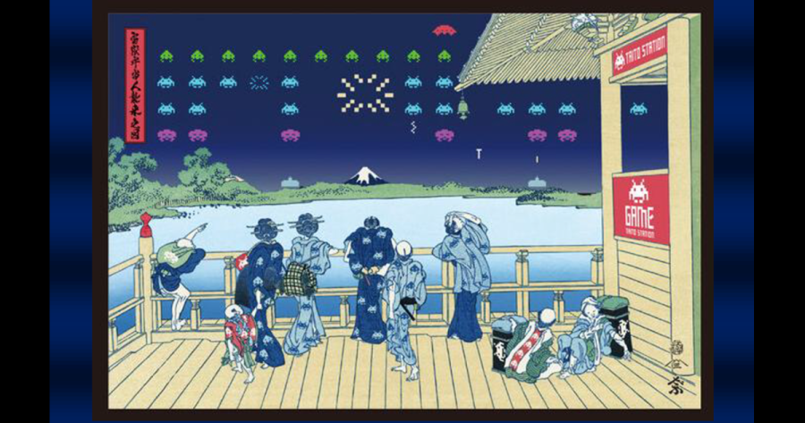 An image of an alien invasion over Mount Fuji," in which the "Invaders" from Taito's arcade game replace the fireworks in Katsushika Hokusai's woodblock-print masterpiece