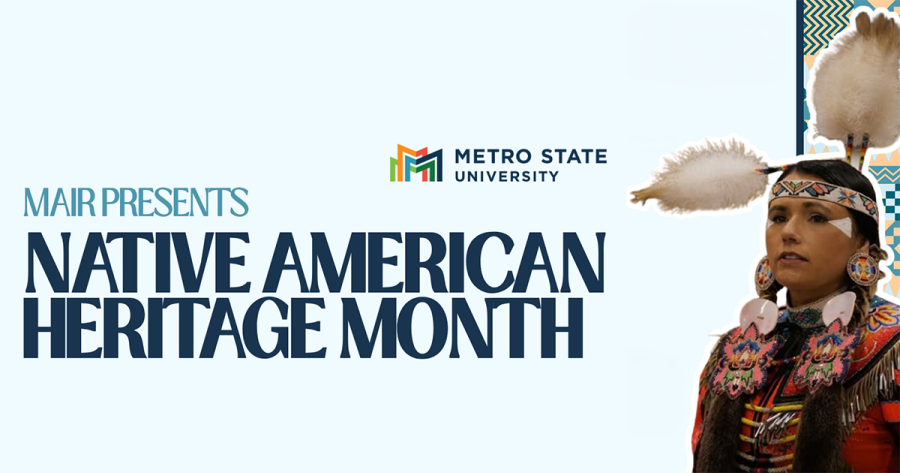 MAIR presents: Native American Heritage Month, with a person posing in traditional Native American garb in front of a colorful patterned vertical band