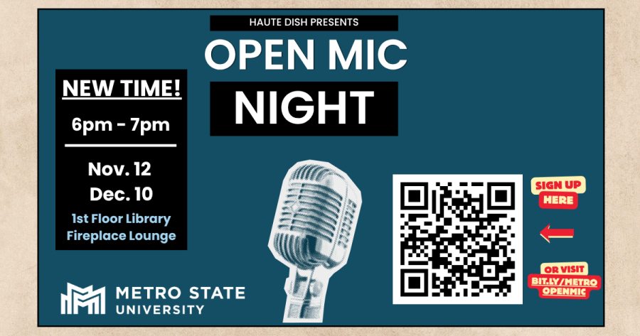 An old-style microphone against a blue backdrop. Open Mic Night