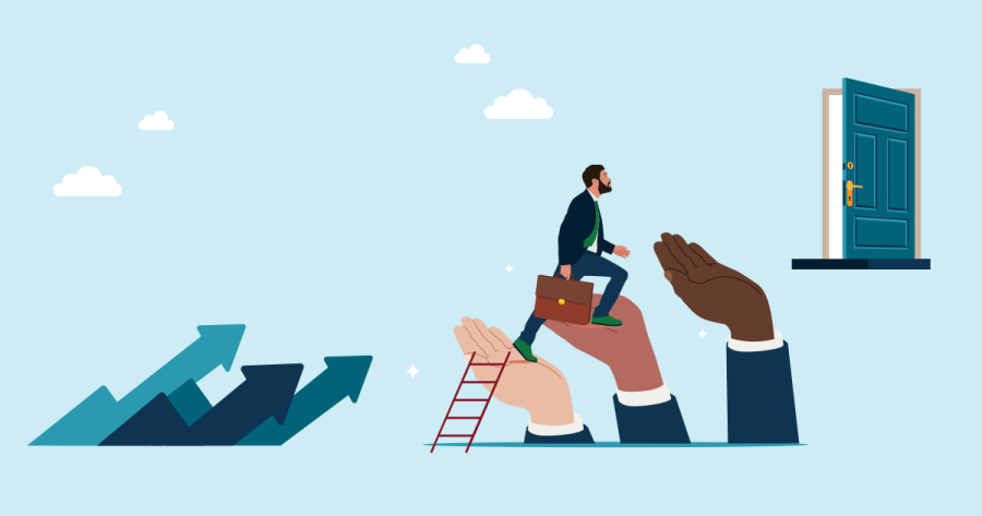 An illustration of a person climbing up from a rocky ridge, over outstretched hands, toward a door.