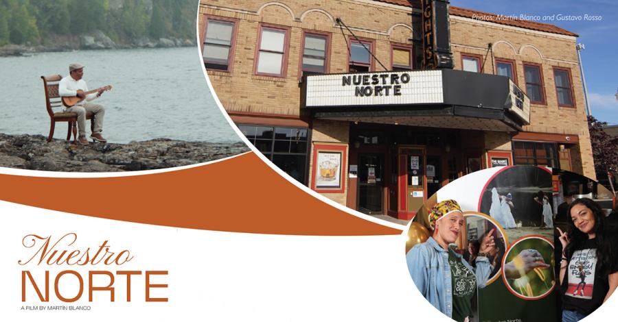A collage of a person playing guitar by a body of water, a movie marquee with Nuestro Norte on it, and two people posing next to a poster