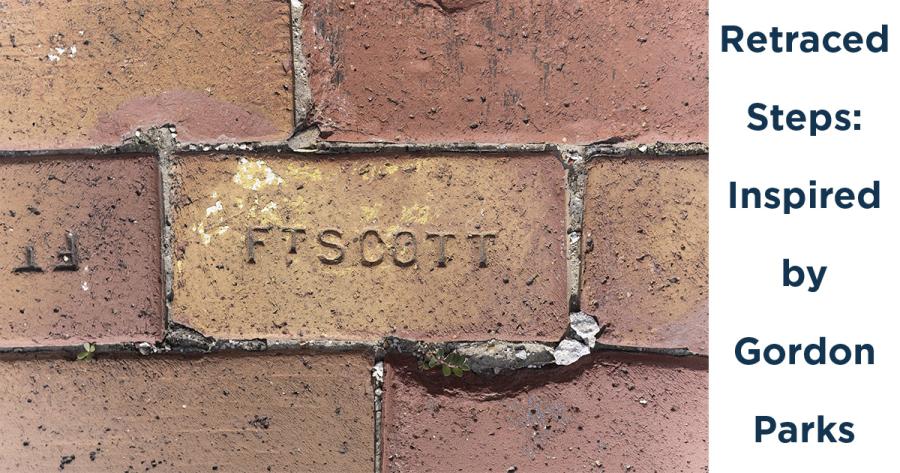 A closeup photo of bricks in a wall, with the words: Retraced Steps: Inspired by Gordon Parks