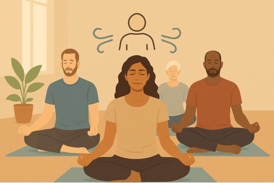 An illustration of a group of people meditating