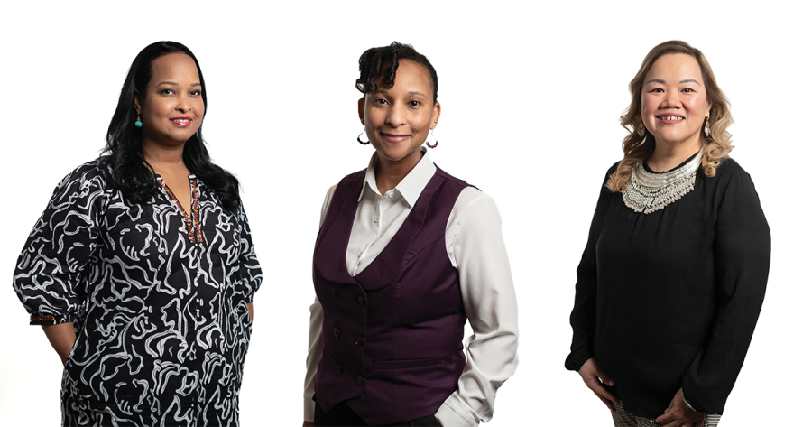 Three women standing for separate portraits