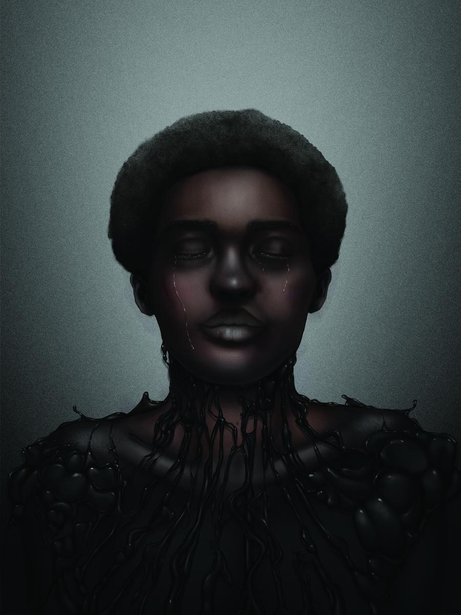 A figure sits for a portrait in deep shadow