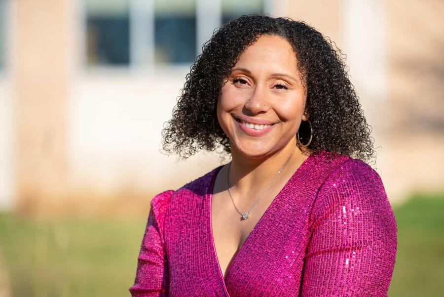 Stevie Middlebrook posing for a portrait on the Saint Paul campus