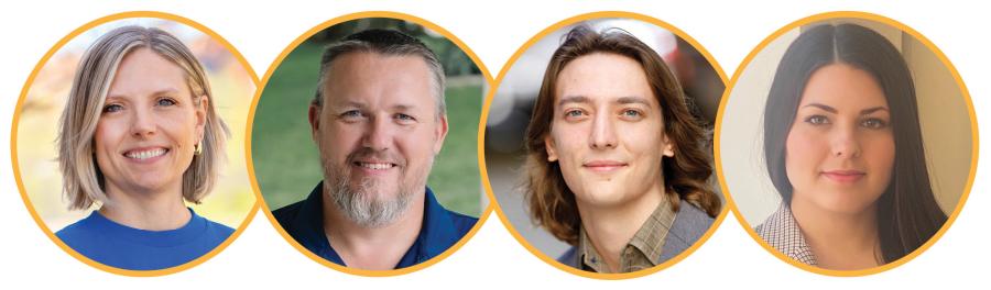 Four people posed for portraits framed by orange circles