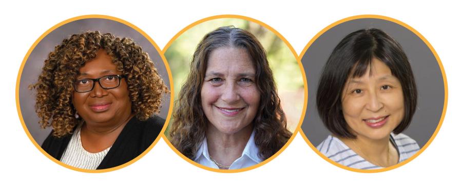 Three people posing for portraits, framed by individual orange circles