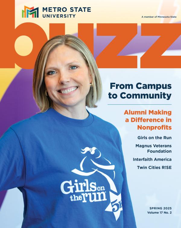 person in a blue Girls on the Run t-shirt on the cover of Metro State buzz magazine spring 2025 cover