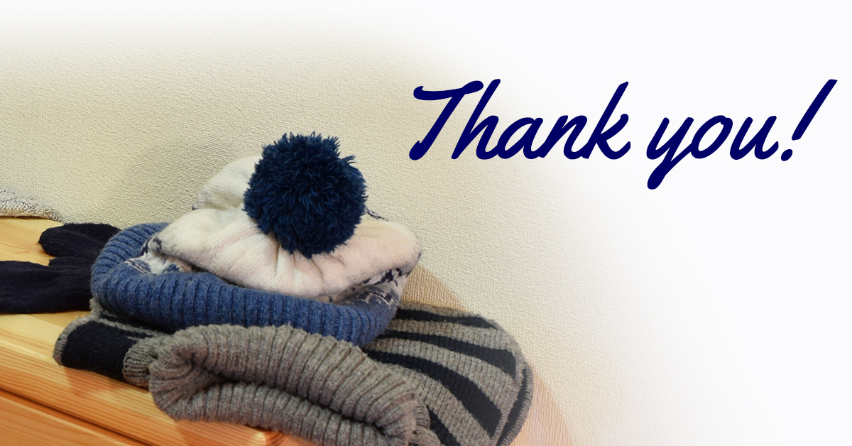 photo of hat and gloves with text saying thank you.